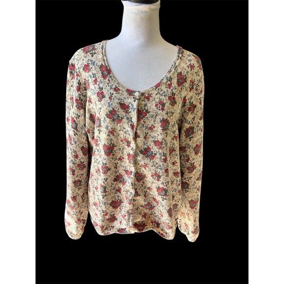 Lauren Ralph Lauren Cottagecore Grandma Floral Red Blue Tan Cardigan Sweater XL - Picture 1 of 7